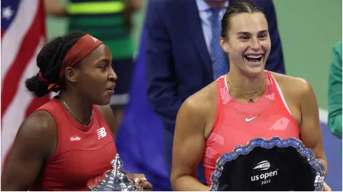 Aryna Sabalenka of Belarus during the trophy ceremony after losing to Coco Gauff of the United States
