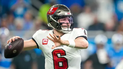 Baker Mayfield #6 of the Tampa Bay Buccaneers passes the ball against the Detroit Lions at Ford Field on January 21, 2024 in Detroit, Michigan.