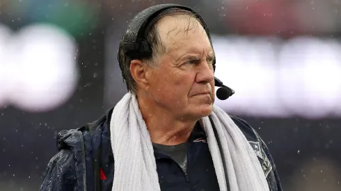 New England Patriots head coach Bill Belichick looks on during the game against the Philadelphia Eagles at Gillette Stadium on September 10, 2023 in Foxborough, Massachusetts.
