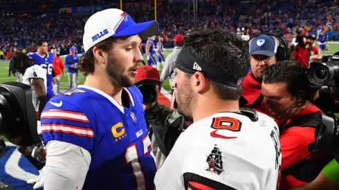 Josh Allen #17 of the Buffalo Bills and Baker Mayfield #6 of the Tampa Bay Buccaneers embrace on the field after their game at Highmark Stadium on October 26, 2023 in Orchard Park, New York.