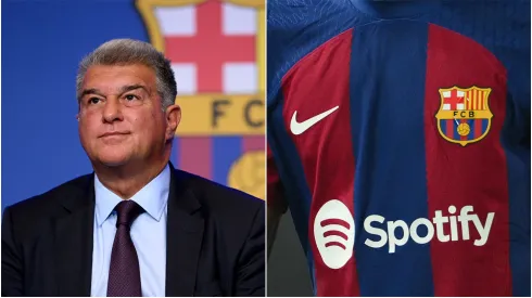 Barcelona president Joan Laporta (left) and an image of this season's Barcelona home jersey with Nike.

