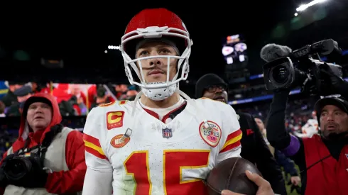 Patrick Mahomes #15 of the Kansas City Chiefs reacts after a 17-10 victory against the Baltimore Ravens in the AFC Championship Game at M&T Bank Stadium on January 28, 2024 in Baltimore, Maryland.
