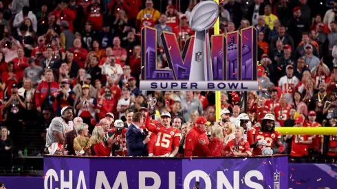 Patrick Mahomes #15 of the Kansas City Chiefs holds the Lombardi Trophy after defeating the San Francisco 49ers 25-22 in overtime during Super Bowl LVIII at Allegiant Stadium on February 11, 2024 in Las Vegas, Nevada.
