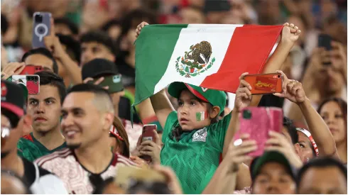 A young fan of Mexico holds a flag
