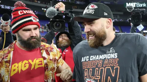 Jason and Travis Kelce after the AFC Championship game (NFL 2023)
