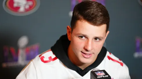 Brock Purdy addresses the media.