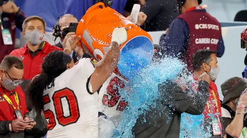 Gatorade being dumped on Bruce Arians, HC of the Buccaneers (Super Bowl LV)

