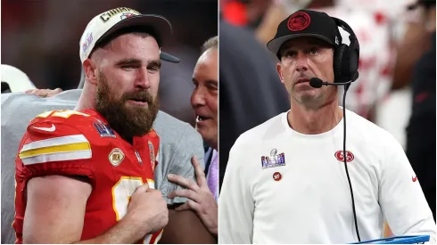 Travis Kelce (left) and Kyle Shanahan
