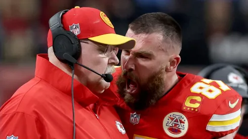 Travis Kelce #87 of the Kansas City Chiefs reacts at Head coach Andy Reid in the first half against the San Francisco 49ers during Super Bowl LVIII at Allegiant Stadium on February 11, 2024 in Las Vegas, Nevada.
