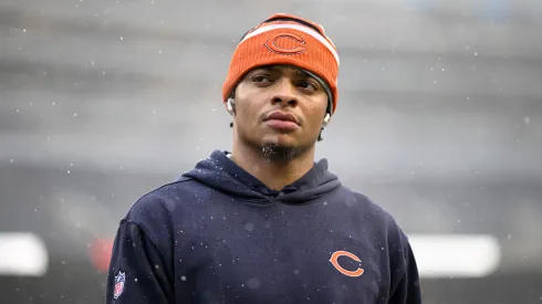 Justin Fields #1 of the Chicago Bears looks on prior to a game against the Atlanta Falcons at Soldier Field on December 31, 2023 in Chicago, Illinois.