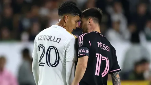 Edwin Cerrillo #20 of Los Angeles Galaxy takes issue and comes face to face with Lionel Messi #10 of Inter Miami during the first half of a game at Dignity Health Sports Park on February 25, 2024 in Carson, California.