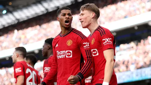 Marcus Rashford celebrates his goal against Manchester United
