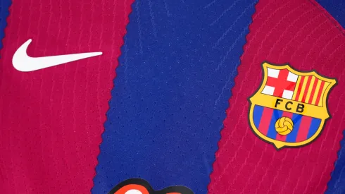 Detail of the Barcelona t-shirt prior the LaLiga EA Sports match between FC Barcelona and Real Madrid CF at Estadi Olimpic Lluis Companys on October 28, 2023 in Barcelona, Spain