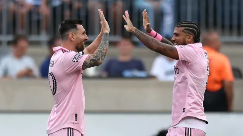  Lionel Messi #10 of Inter Miami CF celebrates his goal with DeAndre Yedlin #2 in the first half during the Leagues Cup 2023 semifinals match between Inter Miami CF and Philadelphia Union at Subaru Park on August 15, 2023 in Chester, Pennsylvania.
