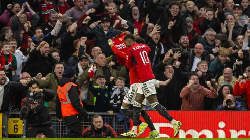 Manchester United s Amad Diallo cerlebrates after scoring the winning fourth goal, in extra-time, during the FA Cup Quarter-Final match between Manchester United FC and Liverpool FC at Old Trafford. Man Utd won 4-3 after extra-time.
