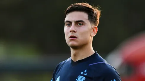 Paulo Dybala of Argentia reacts during a training session of Argentina national team at Lionel Messi Training Camp on November 14, 2023 in Ezeiza, Argentina.
