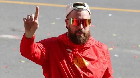 Travis Kelce celebrating the 2024 Super Bowl win.