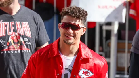 Patrick Mahomes celebrating Super Bowl LVIII.
