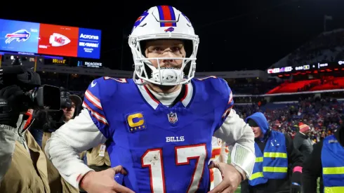 Josh Allen #17 of the Buffalo Bills runs off the field after being defeated by the Kansas City Chiefs in the AFC Divisional Playoff game at Highmark Stadium on January 21, 2024 in Orchard Park, New York.
