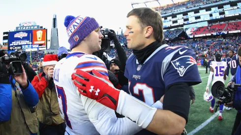 Josh Allen and Tom Brady meeting after a New England Patriots vs Buffalo Bills game

