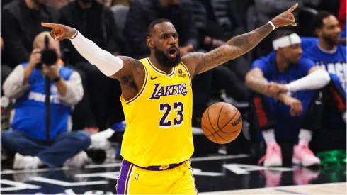 LeBron James running the offense for the Los Angeles Lakers.
