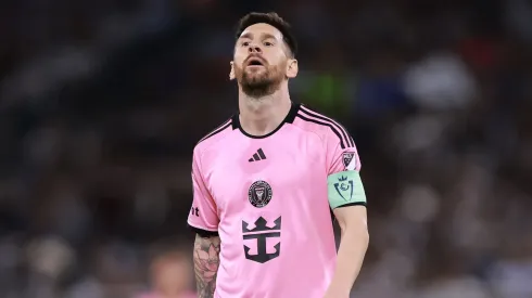 Lionel Messi #10 of Inter Miami reacts during the first half against Monterrey during CONCACAF Champions Cup 2024 Round of Sixteen second leg at BBVA Stadium on April 10, 2024 in Monterrey, Mexico.
