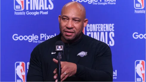 Lakers coach Darvin Ham giving a press conference.
