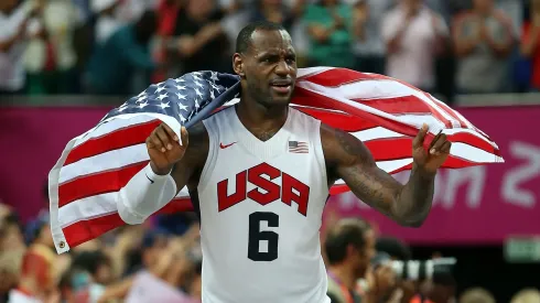 LONDON, ENGLAND – AUGUST 12: LeBron James #6 of the United States celebrates after the Men's Basketball gold medal game between the United States and Spain on Day 16 of the London 2012 Olympics Games at North Greenwich Arena on August 12, 2012 in London, England.
