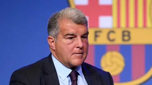 Barcelona president Joan Laporta looks on during a press conference.
