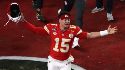 Patrick Mahomes #15 of the Kansas City Chiefs celebrates after defeating the San Francisco 49ers 25-22 in overtime during Super Bowl LVIII at Allegiant Stadium on February 11, 2024 in Las Vegas, Nevada.
