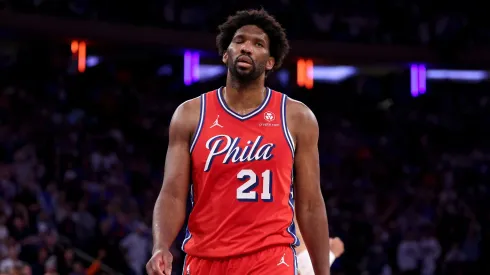 Joel Embiid #21 of the Philadelphia 76ers reacts late in game one of the Eastern Conference First Round Playoffs at Madison Square Garden on April 20, 2024 in New York City. The New York Knicks defeated the Philadelphia 76ers 111-104.
