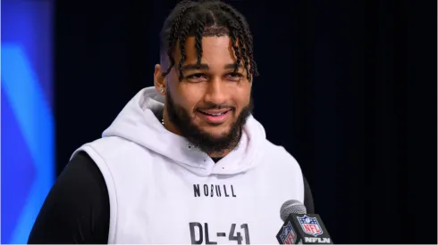 Tyler Guyton gives an interview at the NFL Scouting Combine.
