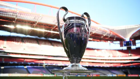 The UEFA Champions League Trophy is seen pitch side prior to the UEFA Champions League Semi Final match between RB Leipzig and Paris Saint-Germain F.C in 2020.