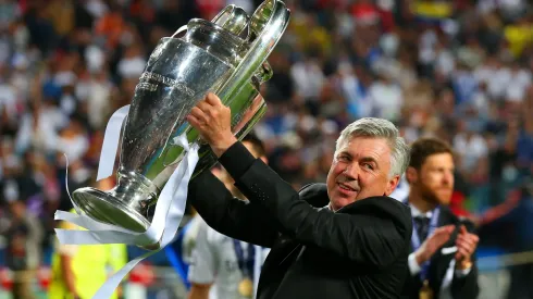 Head Coach, Carlo Ancelotti of Real Madrid celebrates with the Champions League trophy during the UEFA Champions League Final between Real Madrid and Atletico de Madrid at Estadio da Luz on May 24, 2014.
