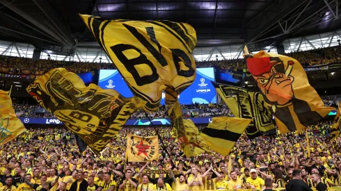 Borussia Dortmund fans show their support in the stands prior to the UEFA Champions League 2023/24 Final match between Borussia Dortmund and Real Madrid CF at Wembley Stadium on June 01, 2024 in London, England.
