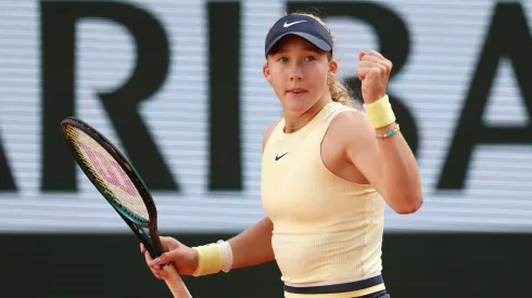 Mirra Andreeva celebrates a point against Aryna Sabalenka during the Women's Singles Quarter Final match on Day 11 at Roland Garros on June 05, 2024 in Paris, France.

