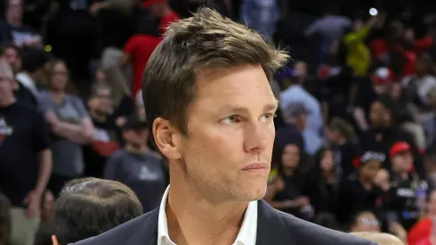 Tom Brady leaves the court after attending the Las Vegas Aces' home opener against the Phoenix Mercury at Michelob ULTRA Arena on May 14, 2024 in Las Vegas, Nevada.
