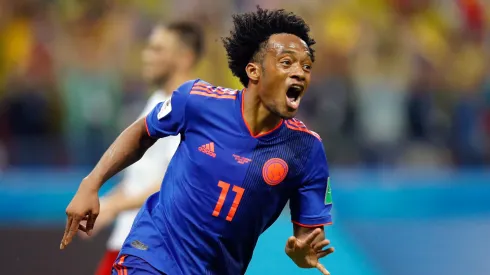 Juan Cuadrado of Colombia celebrates after scoring his team's third goal during the 2018 FIFA World Cup