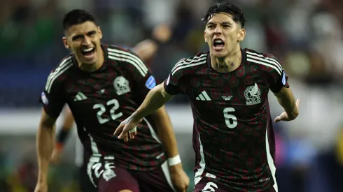 Gerardo Arteaga of Mexico celebrates after scoring the team's first goal during the CONMEBOL Copa America 2024 Group B match between Mexico and Jamaica at NRG Stadium on June 22, 2024 in Houston, Texas. 
