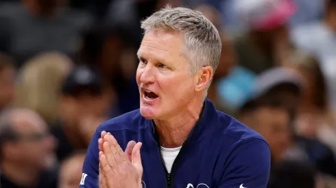  Golden State Warriors head coach Steve Kerr looks on during a game against the Orlando Magic at Kia Center on March 27, 2024 in Orlando, Florida.

