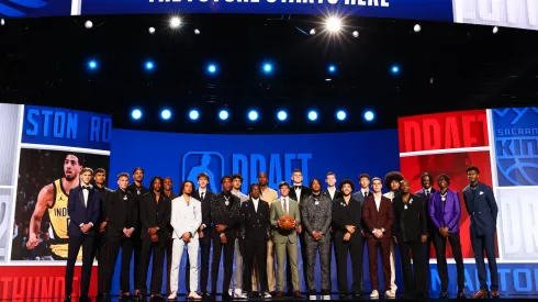 The top prospects pose for a photo prior to the first round of the 2024 NBA Draft at Barclays Center on June 26, 2024 in the Brooklyn borough of New York City.