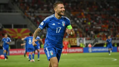  Ciro Immobile of Italy celebrates after scoring the opening goal during the UEFA EURO 2024 European qualifier match between North Macedonia and Italy at National Arena Todor Proeski on September 09, 2023 in Skopje, Macedonia. 
