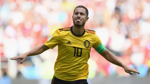 Eden Hazard of Belgium celebrates after scoring during the 2018 FIFA World Cup Russia group G match between Belgium and Tunisia
