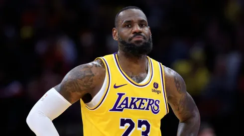 LeBron James #23 of the Los Angeles Lakers looks on against the Houston Rockets during the first half at Toyota Center on January 29, 2024 in Houston, Texas.
