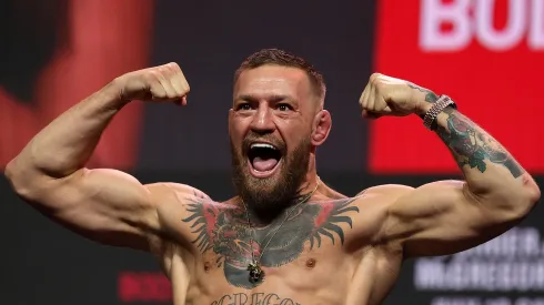 Conor McGregor poses during a ceremonial weigh in for UFC 264 at T-Mobile Arena on July 09, 2021 in Las Vegas, Nevada.
