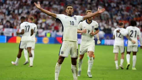 Jude Bellingham of England celebrates scoring his team's first goal during the UEFA EURO 2024 round of 16 match between England and Slovakia.
