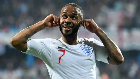 Raheem Sterling of England celebrates after scoring his team's fifth goal during the 2020 UEFA European Championships.
