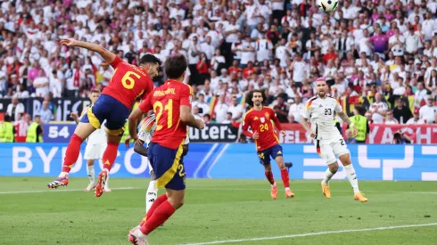 Mikel Merino of Spain scores his team's second goal with a header during the UEFA EURO 2024 quarter-final match between Spain and Germany at Stuttgart Arena on July 05, 2024 in Stuttgart, Germany.