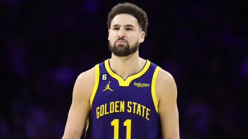 Klay Thompson looks on during a Warriors game.
