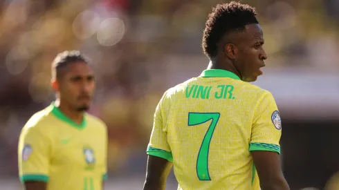 Vinicius Junior of Brazil looks on during the CONMEBOL Copa America 2024 Group D match between Brazil and Colombia.
